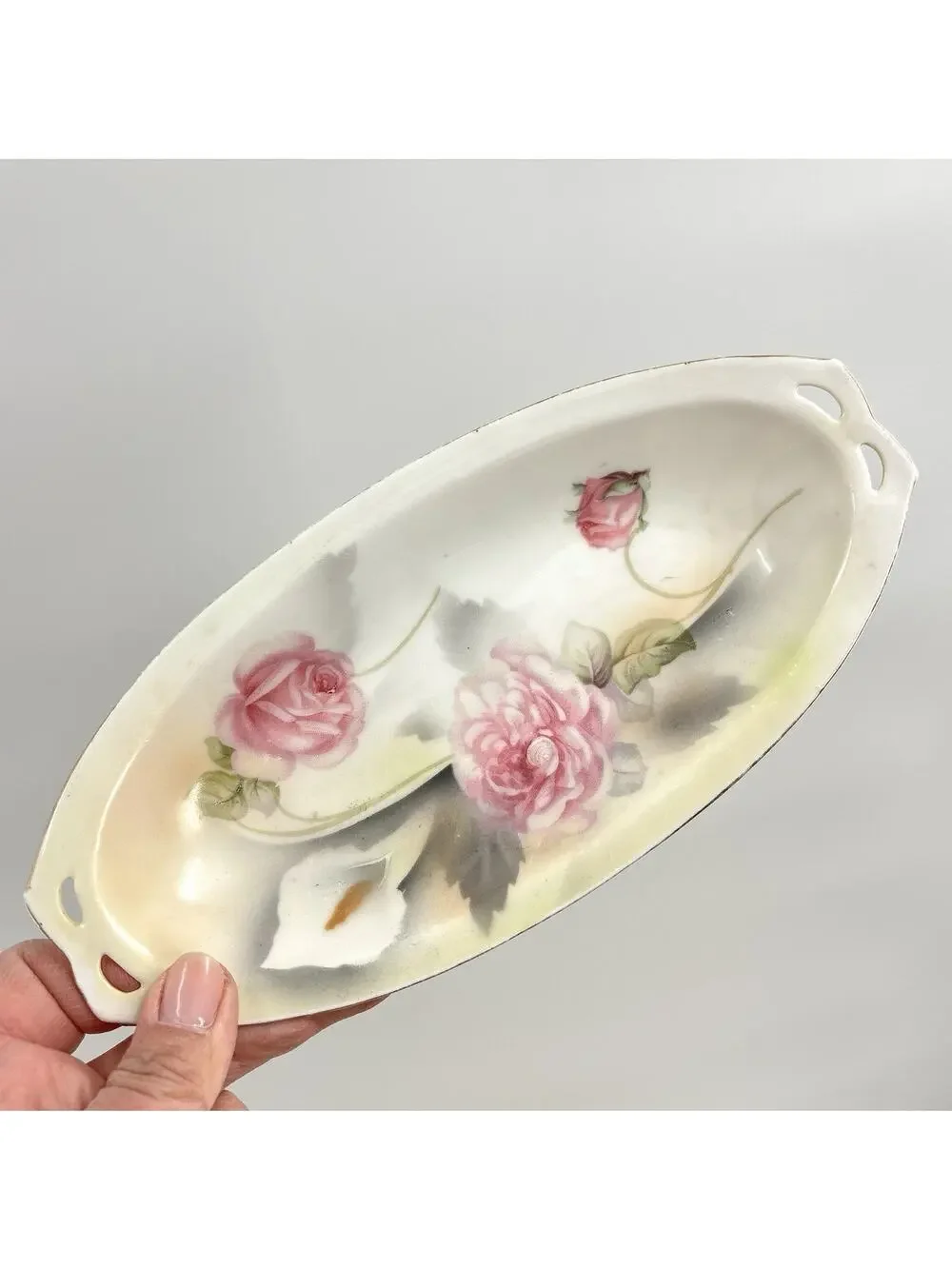 Rose Porcelain Tray Hand Painted Pink Floral Trinket Dish Vanity Romantic 9x4